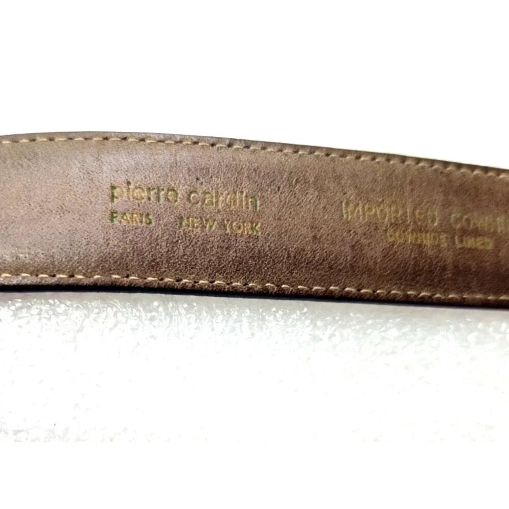 VTG Pierre Cardin Men's Brown Cowhide Belt Sz 38/ 90 1”Wide Gold Buckle w Logo